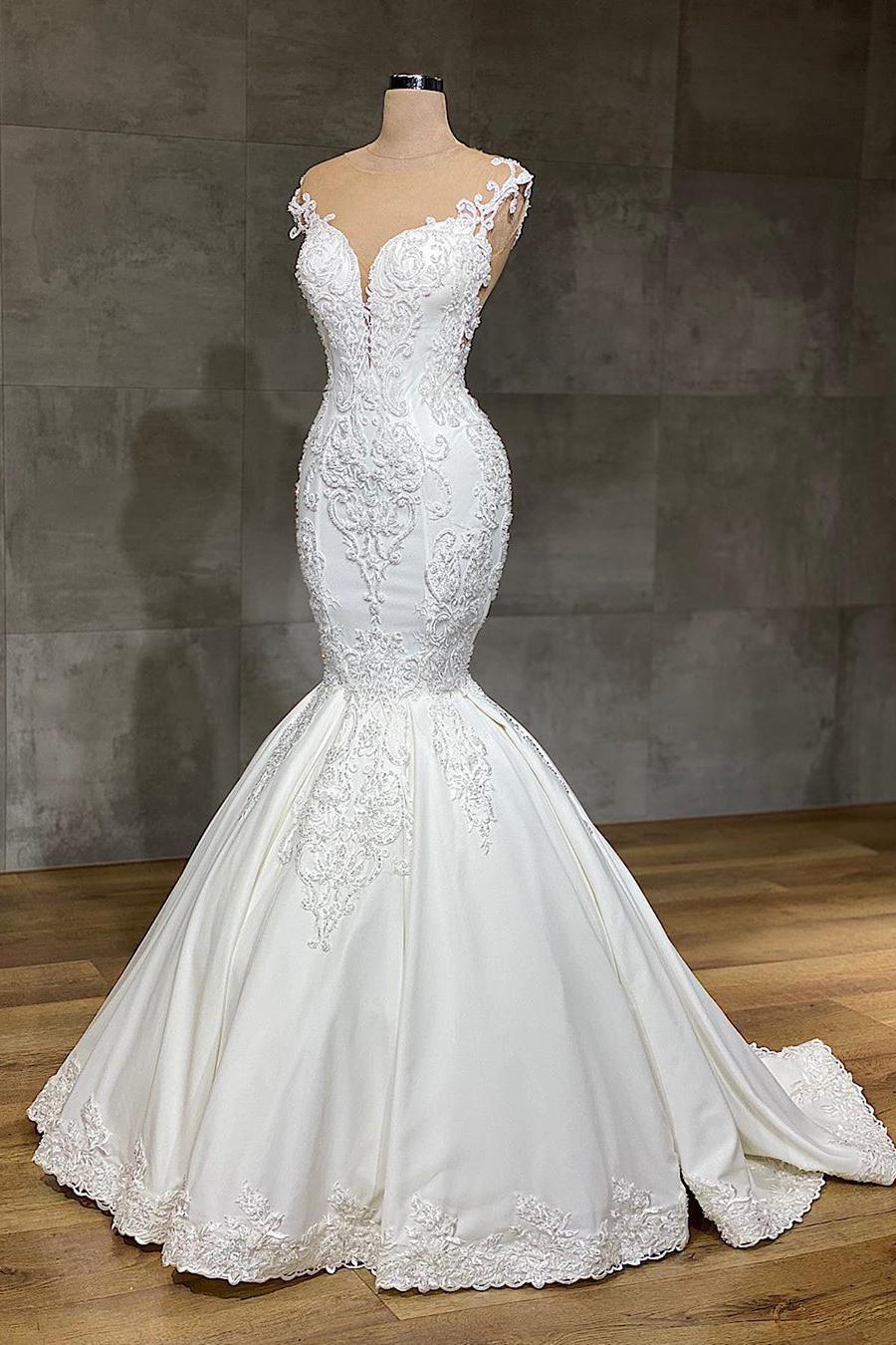 Elegant Lace V-neck Mermaid Wedding Dress with Appliques-BallBride