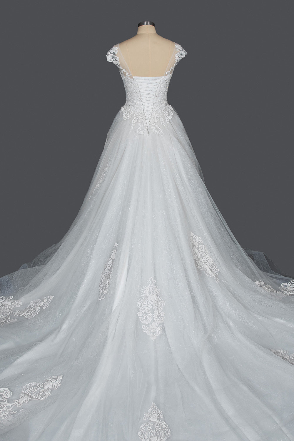 Elegant Lace V-neck Tulle Ball Gown Wedding Dress With Cap Sleeves-BallBride