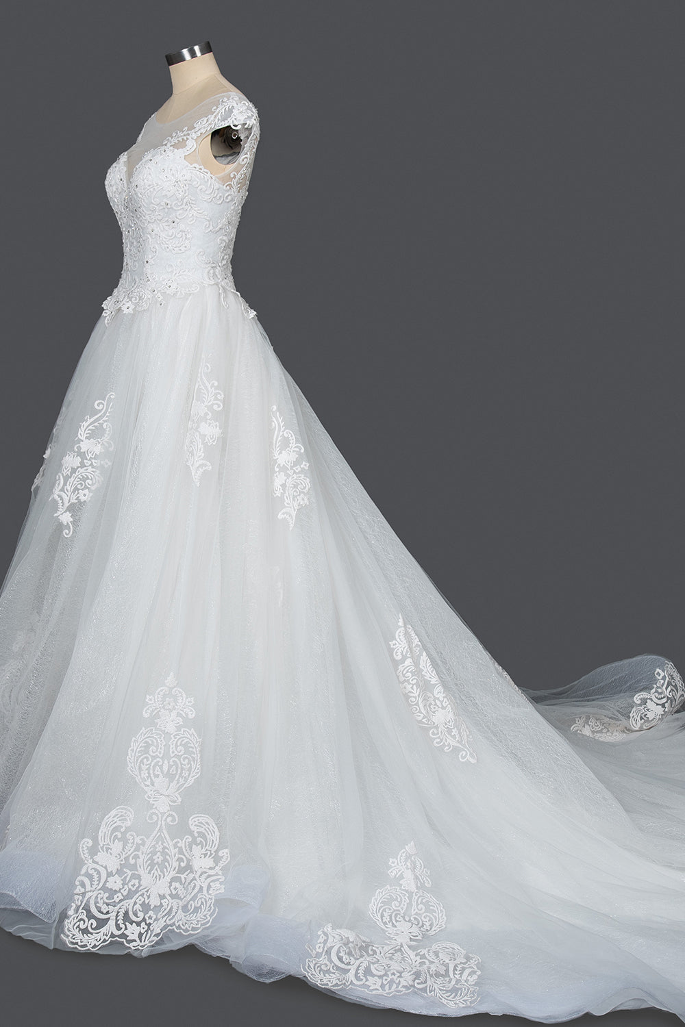 Elegant Lace V-neck Tulle Ball Gown Wedding Dress With Cap Sleeves-BallBride