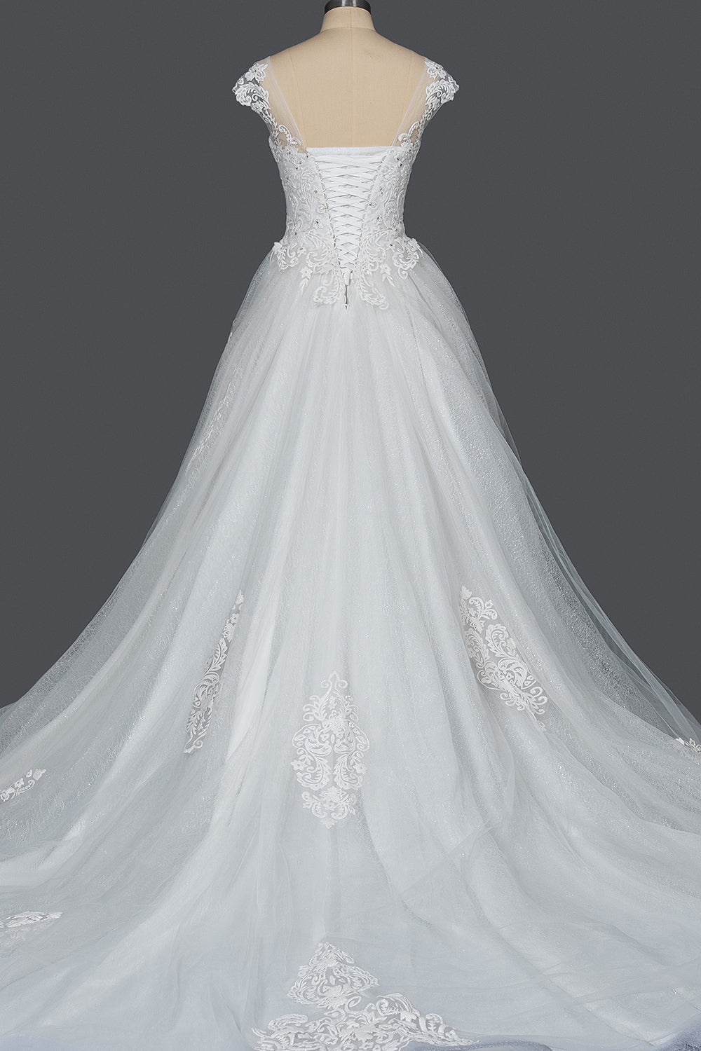 Elegant Lace V-neck Tulle Ball Gown Wedding Dress With Cap Sleeves-BallBride