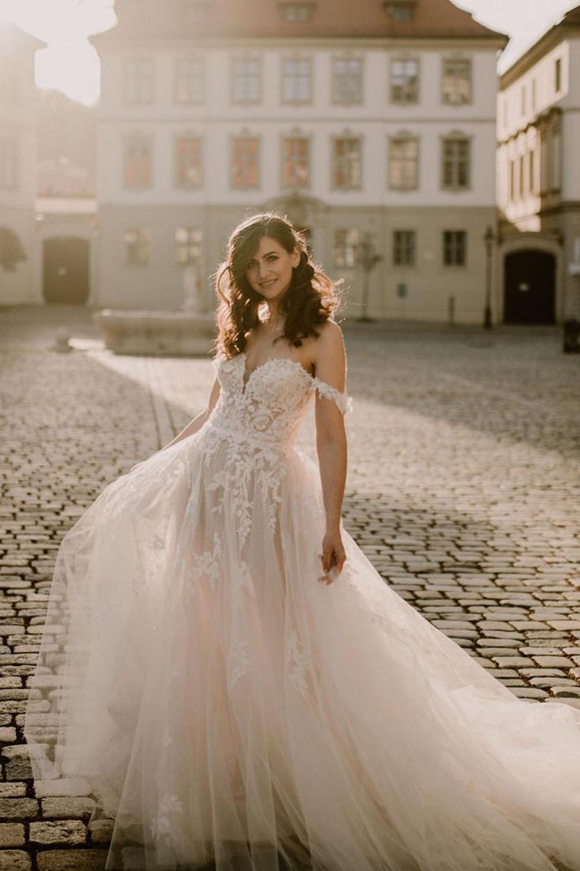 Elegant Long A-line Off-the-Shoulder Lace Tulle Wedding Dress-BallBride