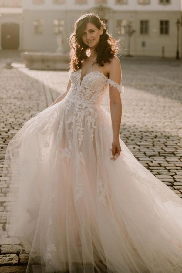 Elegant Long A-line Off-the-Shoulder Lace Tulle Wedding Dress-BallBride