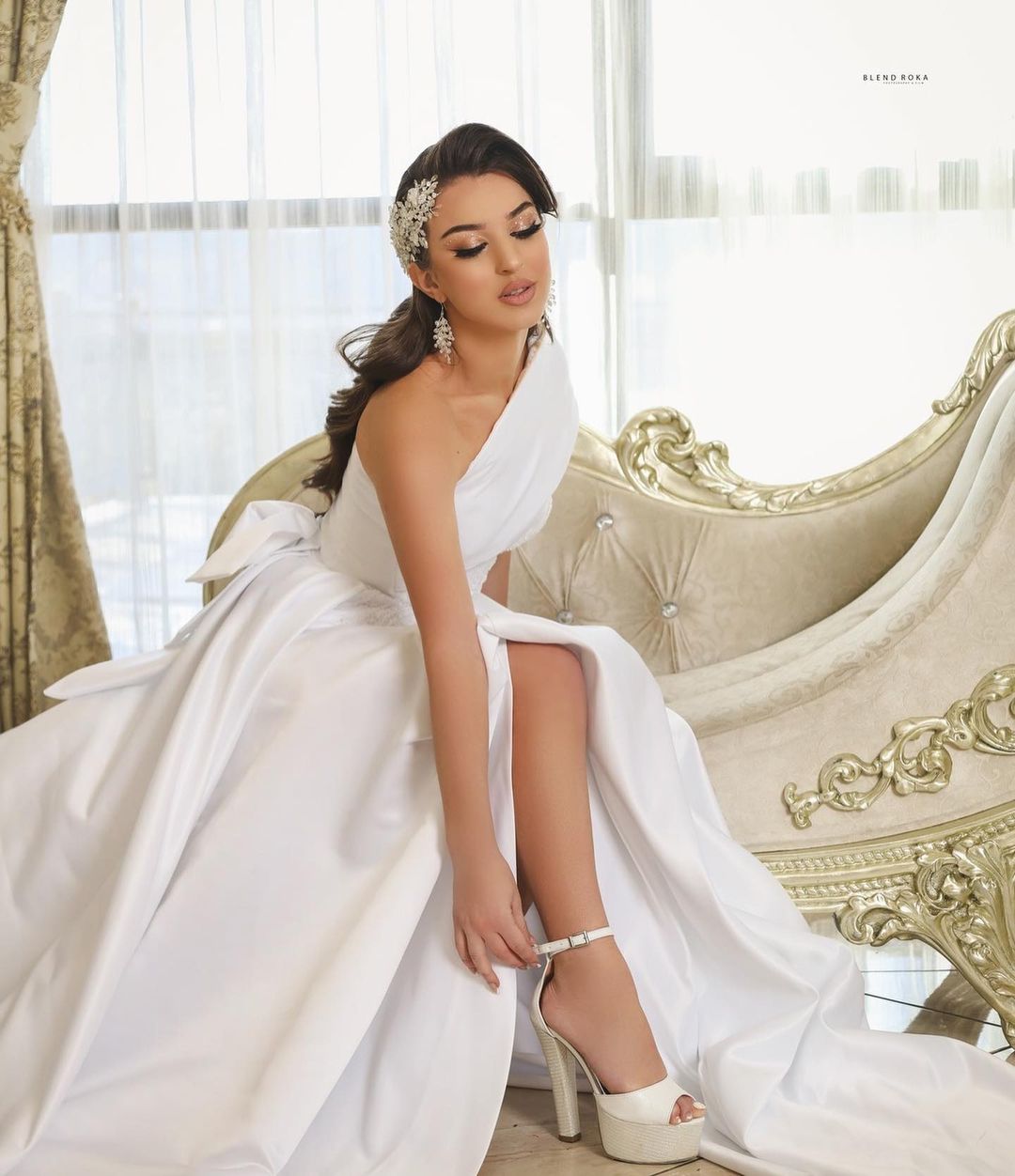 Elegant Long A-Line One Shoulder Satin Wedding Dress with Slit-BallBride