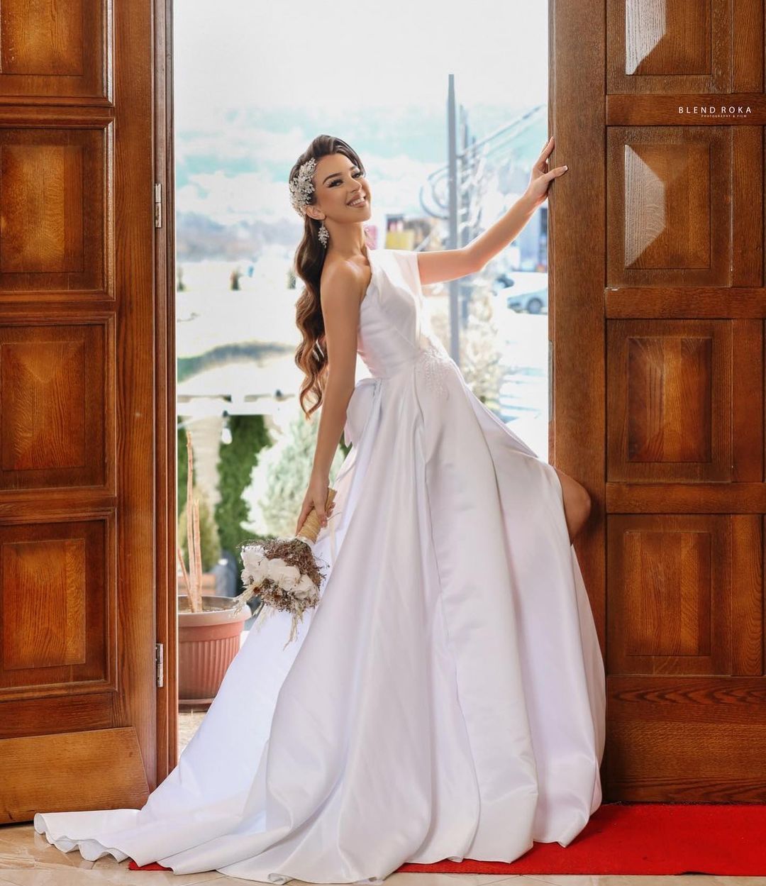 Elegant Long A-Line One Shoulder Satin Wedding Dress with Slit-BallBride