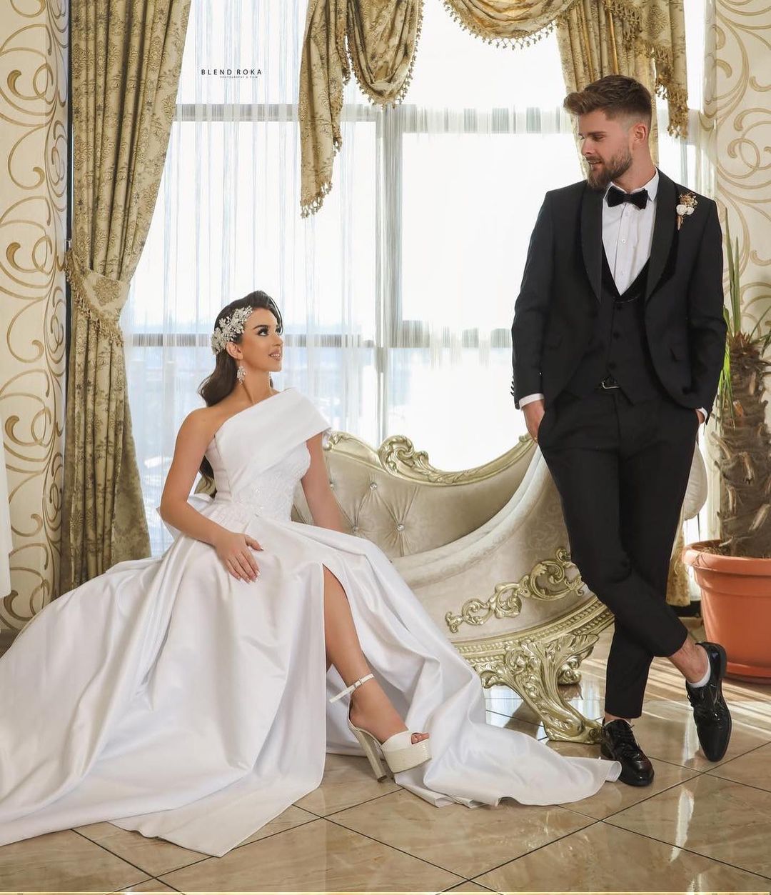 Elegant Long A-Line One Shoulder Satin Wedding Dress with Slit-BallBride