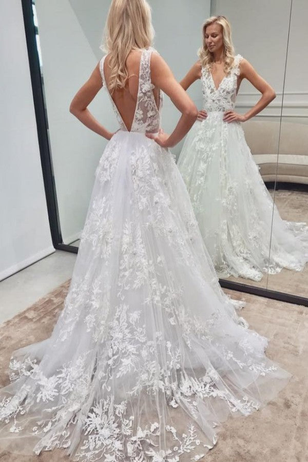 Elegant Long A-line V-neck Tulle Lace Backless Wedding Dress-BallBride