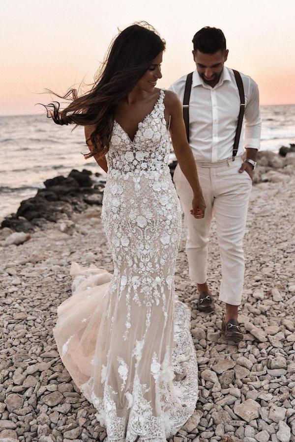 Elegant Long Mermaid V-neck Floral Wedding Dress With Lace Backless-BallBride