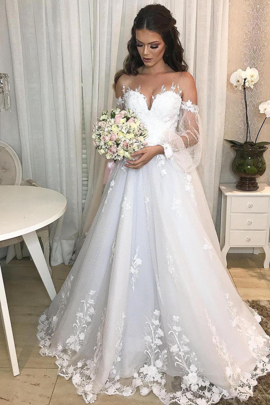 Elegant Long Princess Wedding Dress With Tulle Bubble Sleeves-BallBride
