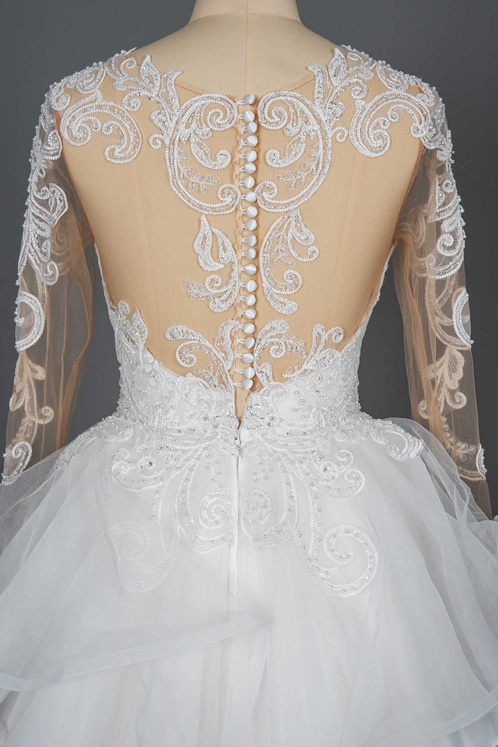 Elegant Long Sleeve Ball Gown Wedding Dress with Lace Appliques-BallBride