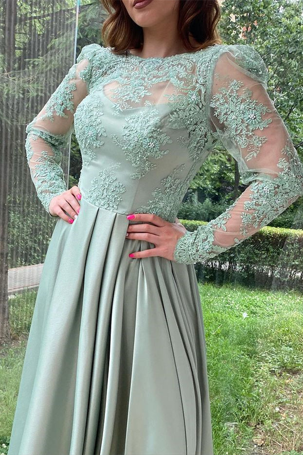 Elegant Long-Sleeve Split Evening Dress with Lace Appliques-BallBride