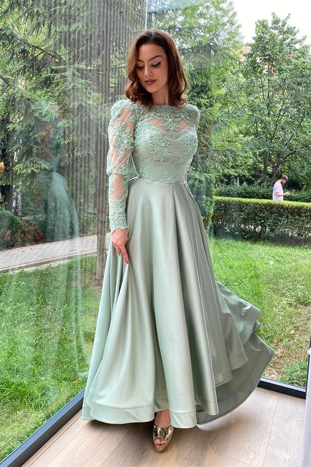 Elegant Long-Sleeve Split Evening Dress with Lace Appliques-BallBride