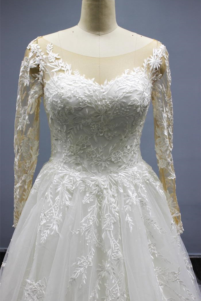 Elegant Long Sleeves A Line Wedding Dress with Sweetheart Neckline and Tulle Appliques-BallBride