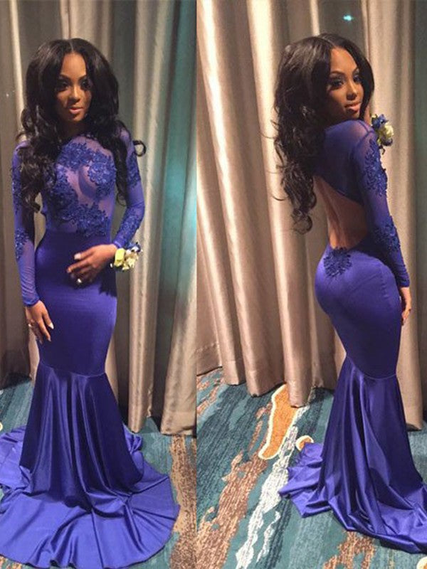 Elegant Long Sleeves Mermaid Prom Dress With Lace Appliques-BallBride