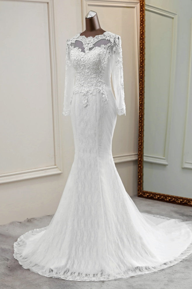 Elegant Long Sleeves Mermaid Wedding Dress with Jewel Accents and Tulle-BallBride