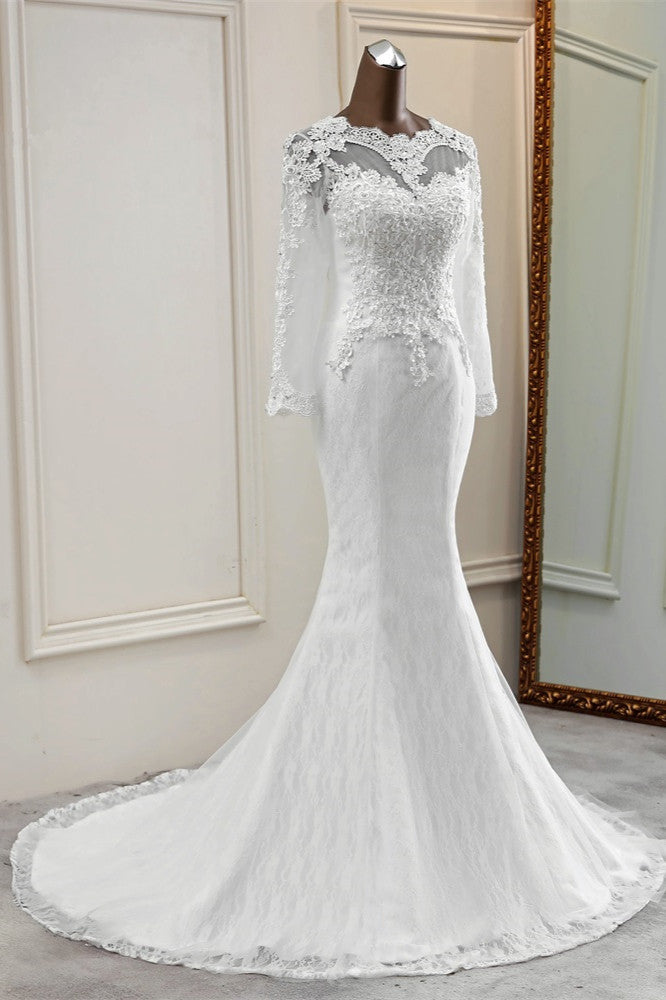 Elegant Long Sleeves Mermaid Wedding Dress with Jewel Accents and Tulle-BallBride