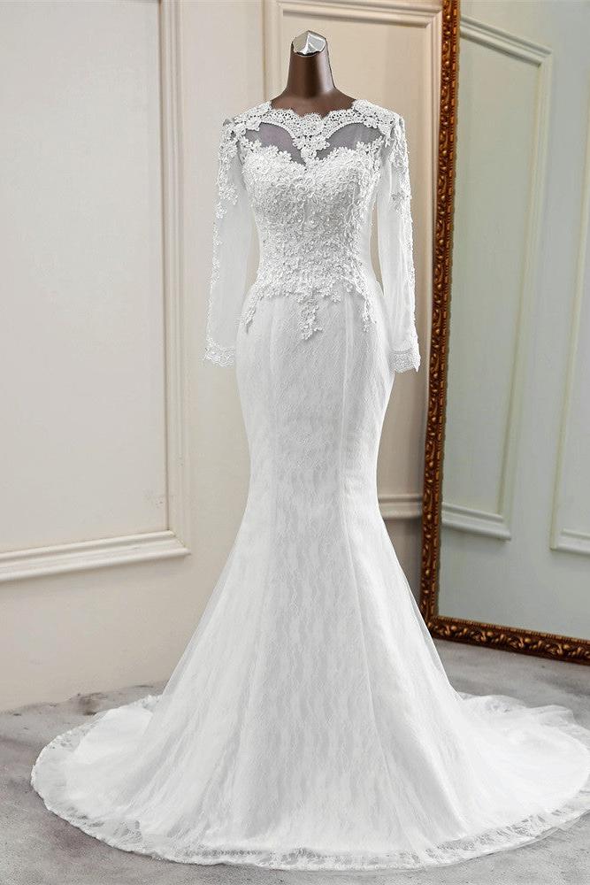 Elegant Long Sleeves Mermaid Wedding Dress with Jewel Accents and Tulle-BallBride