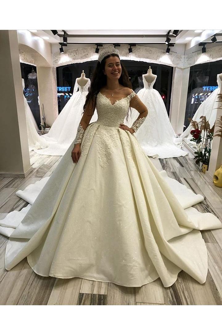 Elegant Long Sleeves Princess Sweetheart Satin Wedding Dress With Appliques-BallBride