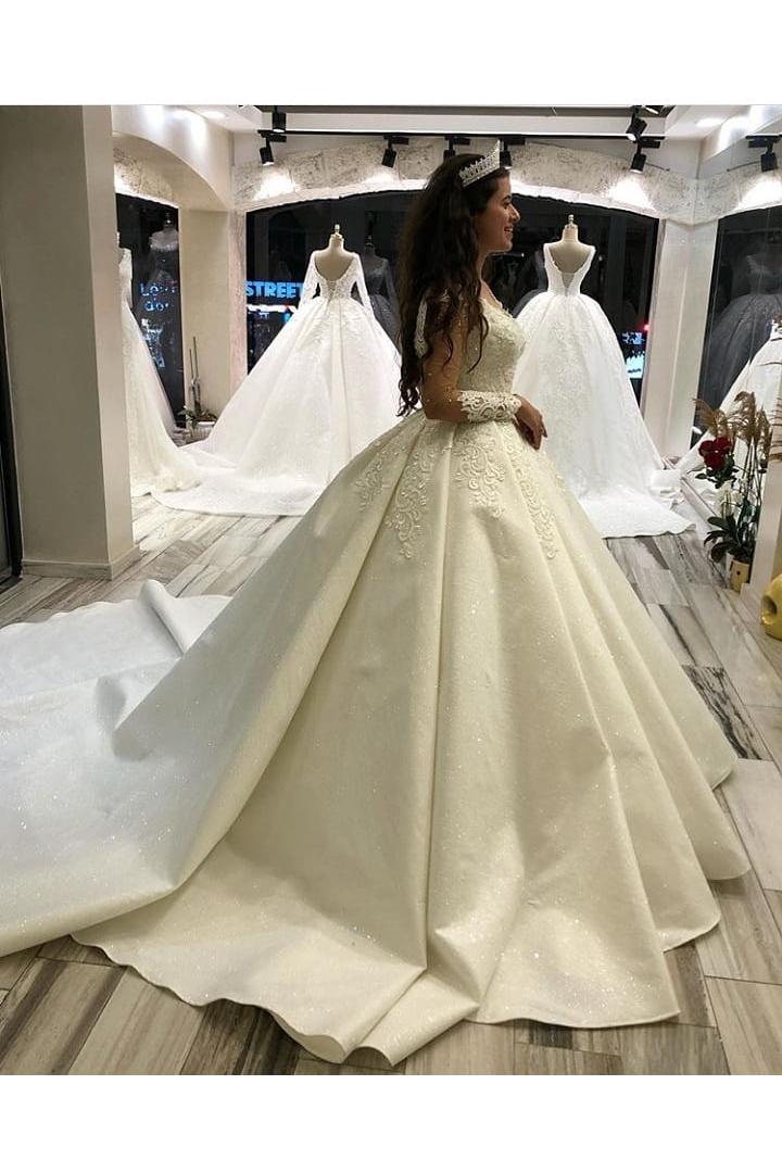 Elegant Long Sleeves Princess Sweetheart Satin Wedding Dress With Appliques-BallBride