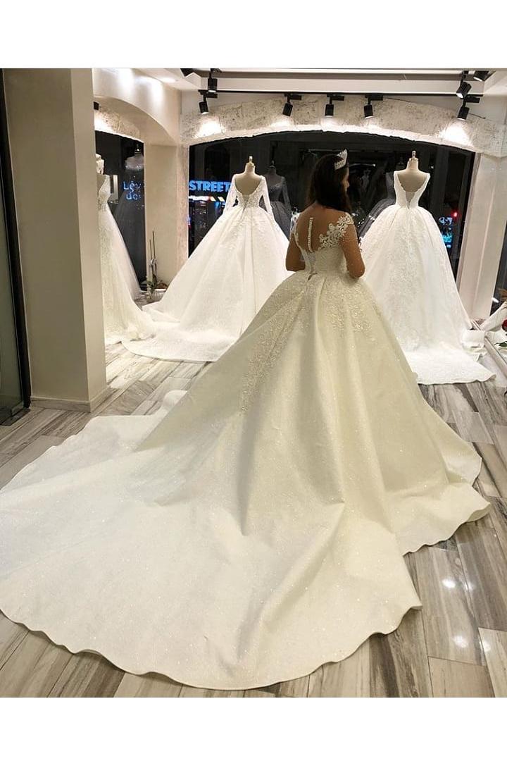 Elegant Long Sleeves Princess Sweetheart Satin Wedding Dress With Appliques-BallBride