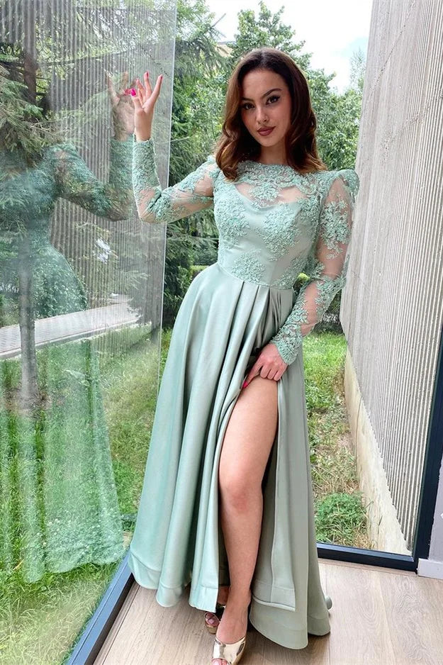 Elegant Long Sleeves Split Long Evening Dress With Lace Appliques-BallBride