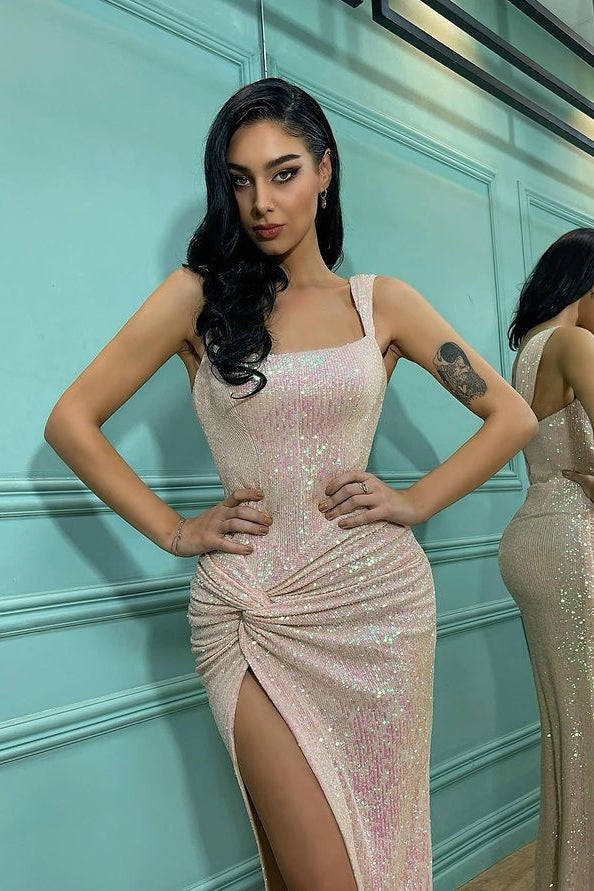 Elegant Mermaid Sequins Evening Dress with Shoulder Straps and Split-BallBride