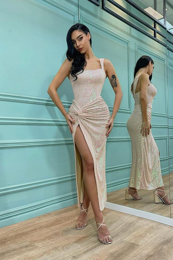 Elegant Mermaid Sequins Evening Dress with Shoulder Straps and Split-BallBride