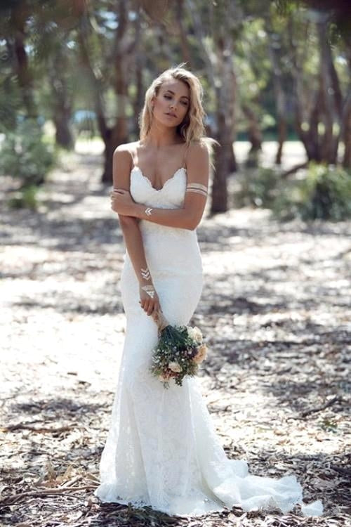 Elegant Mermaid Wedding Dress with Lace Floral and Spaghetti-Straps V-Neck Open Back-BallBride