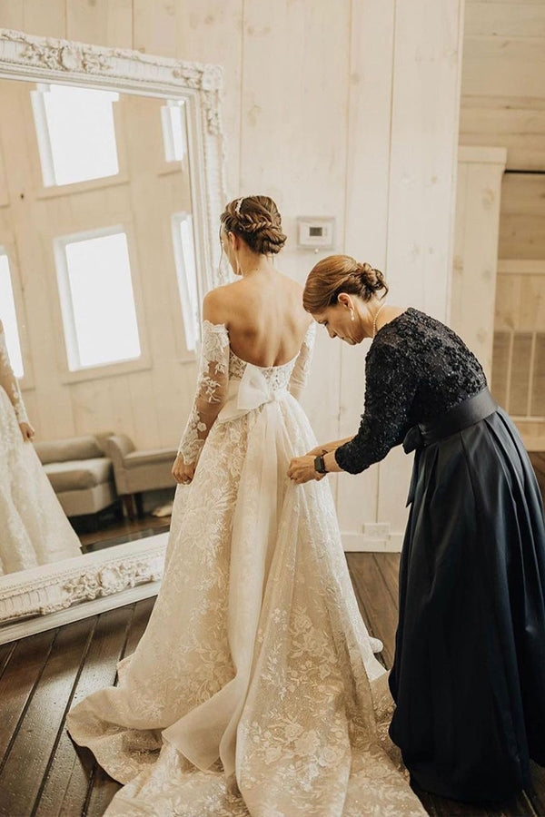 Elegant Off-The-Shoulder A-Line Wedding Dress with Bow Lace-BallBride