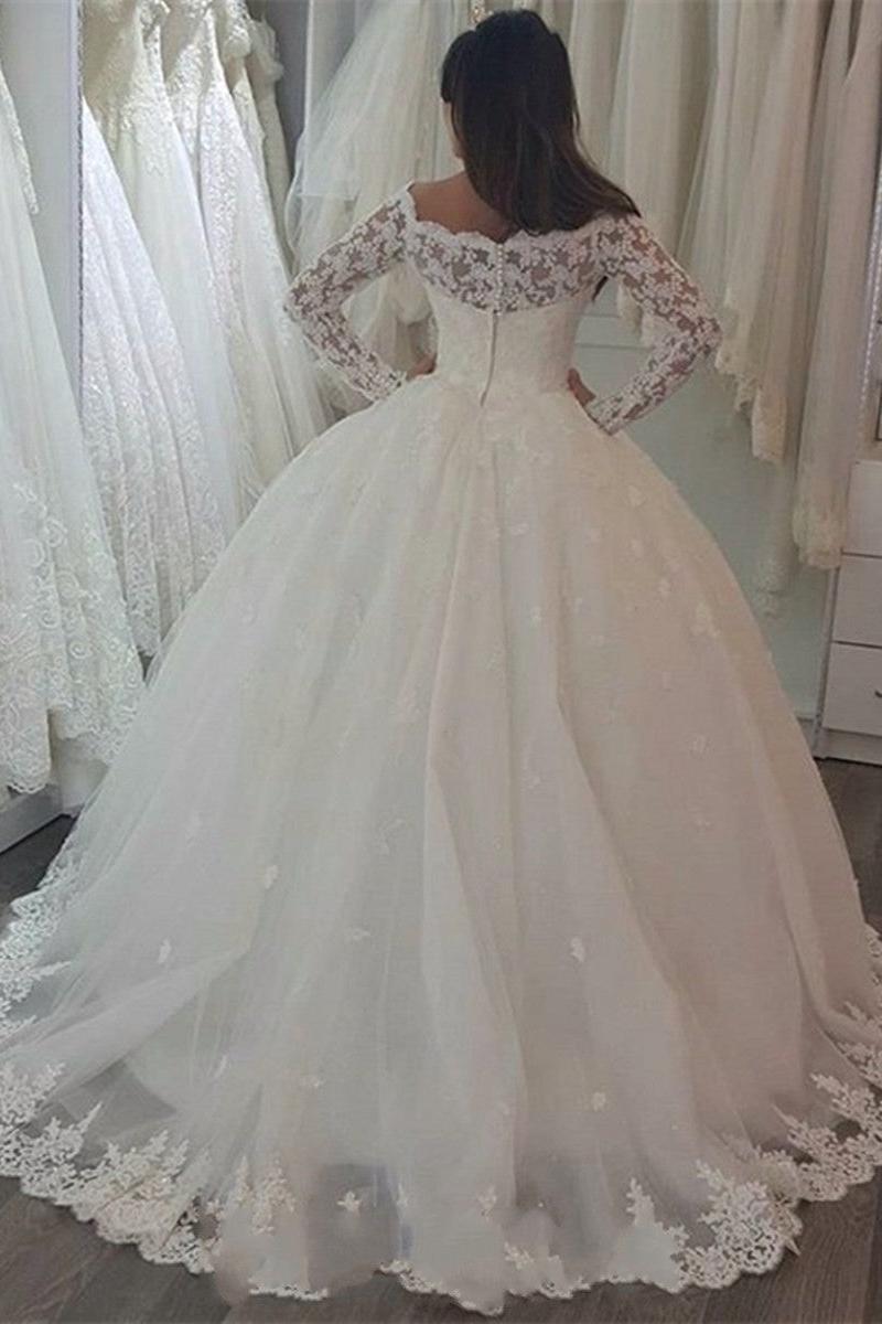 Elegant Off-the-Shoulder Long Sleeves Wedding Dress with Appliques Lace-BallBride