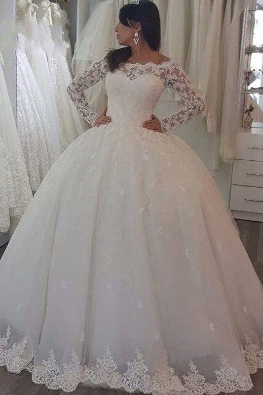 Elegant Off-the-Shoulder Long Sleeves Wedding Dress with Appliques Lace-BallBride
