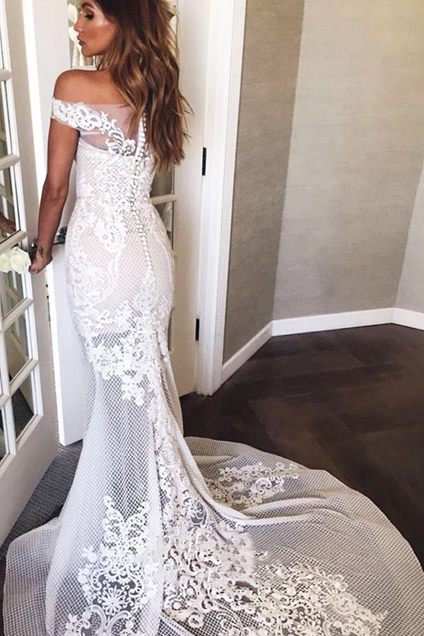 Elegant Off The Shoulder Mermaid Wedding Dress With Sweep Train and Appliques-BallBride