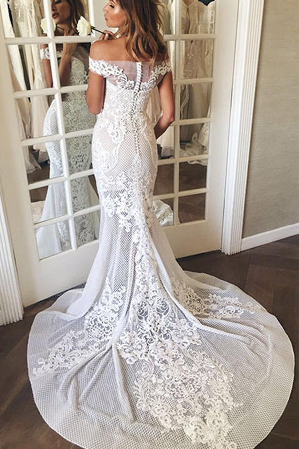Elegant Off The Shoulder Mermaid Wedding Dress With Sweep Train and Appliques-BallBride