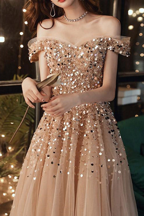 Elegant Off-The-Shoulder Sweetheart Sequins Long Evening Dress - Champagne-BallBride