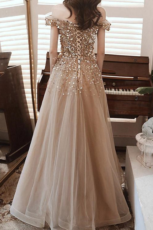 Elegant Off-The-Shoulder Sweetheart Sequins Long Evening Dress - Champagne-BallBride