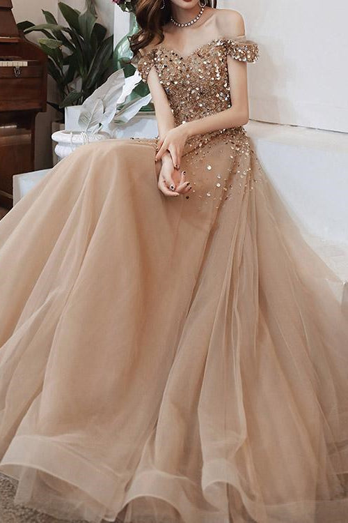 Elegant Off-The-Shoulder Sweetheart Sequins Long Evening Dress - Champagne-BallBride
