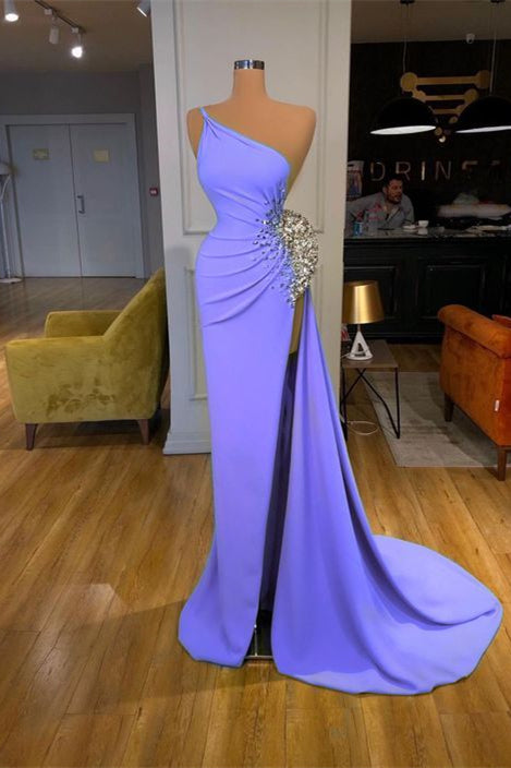Elegant One Shoulder Long Prom Dress With Beads and Slit-BallBride