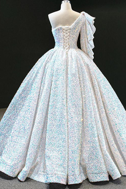Elegant One Shoulder Long Sleeve Ball Gown Prom Dress with Sequins-BallBride