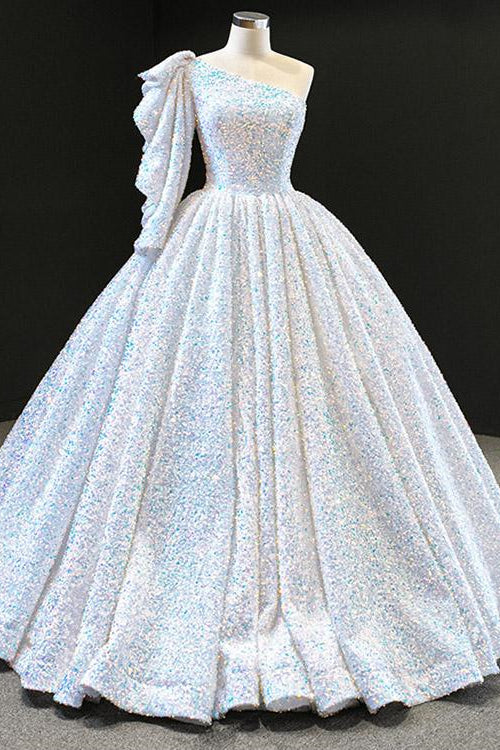 Elegant One Shoulder Long Sleeve Ball Gown Prom Dress with Sequins-BallBride