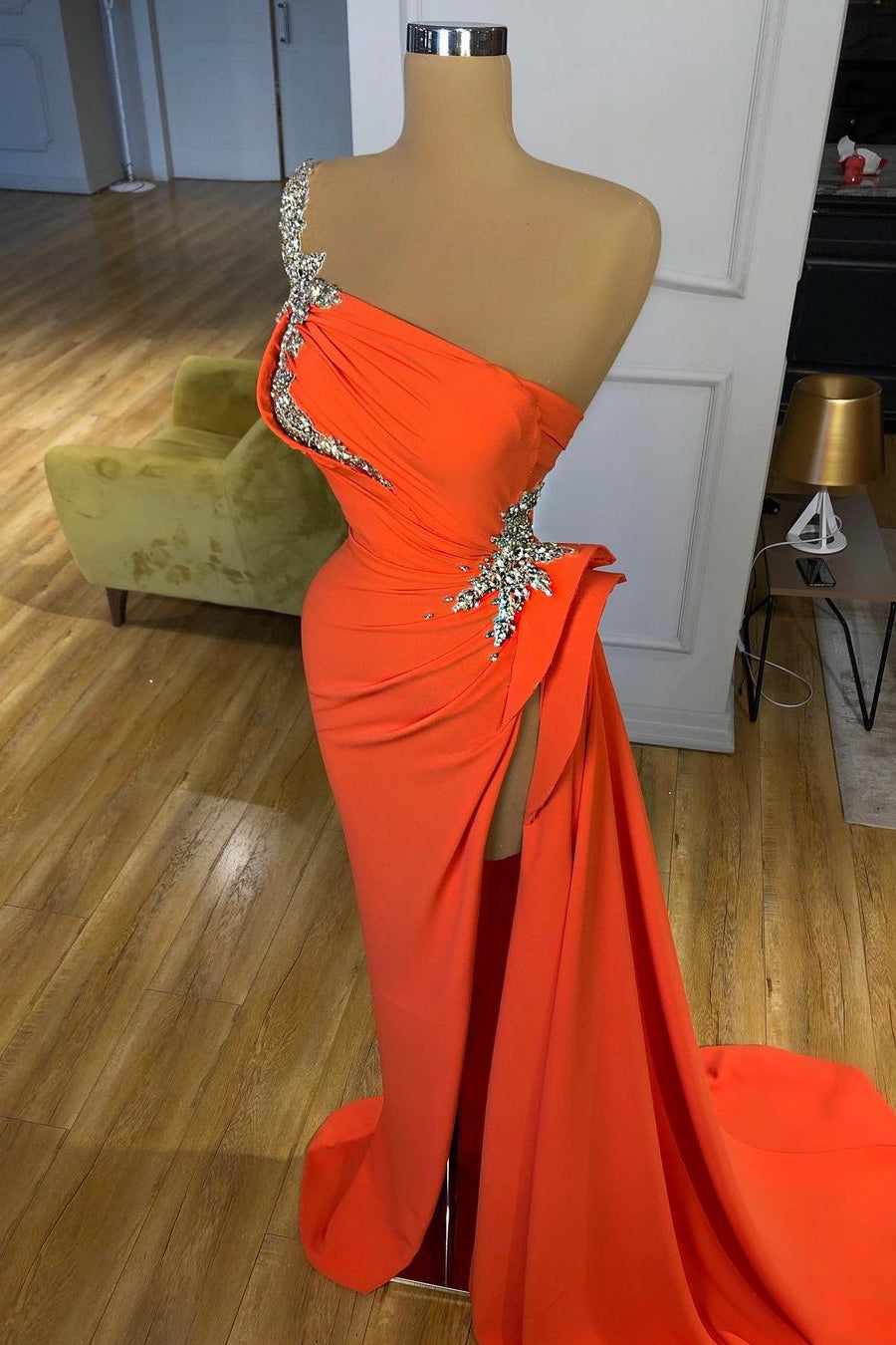 Elegant One-Shoulder Orange Sheath Side Slit Crystal Prom Dress-BallBride