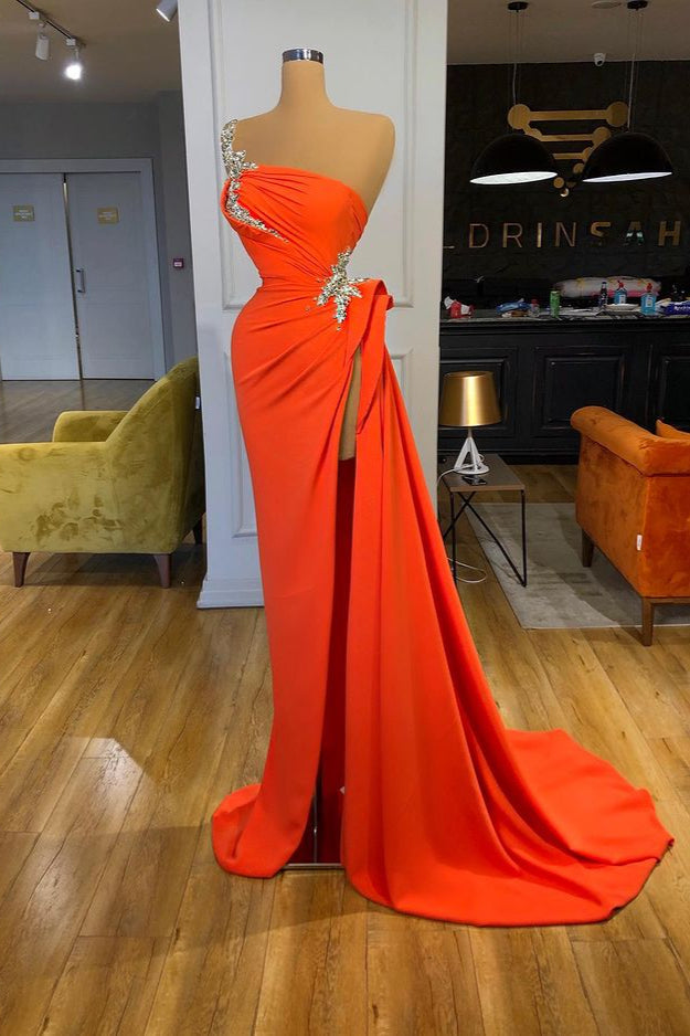 Elegant One-Shoulder Orange Sheath Side Slit Crystal Prom Dress-BallBride