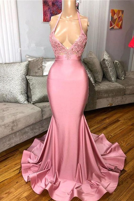 Elegant Pink Prom Dress with Spaghetti-Straps and Appliques - Mermaid V-Neck-BallBride