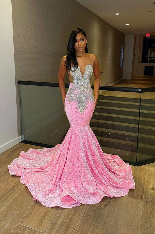 Elegant Pink Sequins V-Neck Prom Dress With Crystals-BallBride