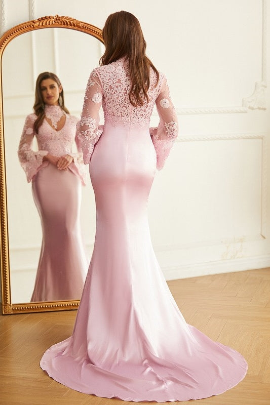 Elegant Pink V-Neck Lace Long Sleeves Sheath Prom Dress-BallBride