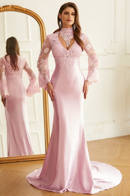 Elegant Pink V-Neck Lace Long Sleeves Sheath Prom Dress-BallBride