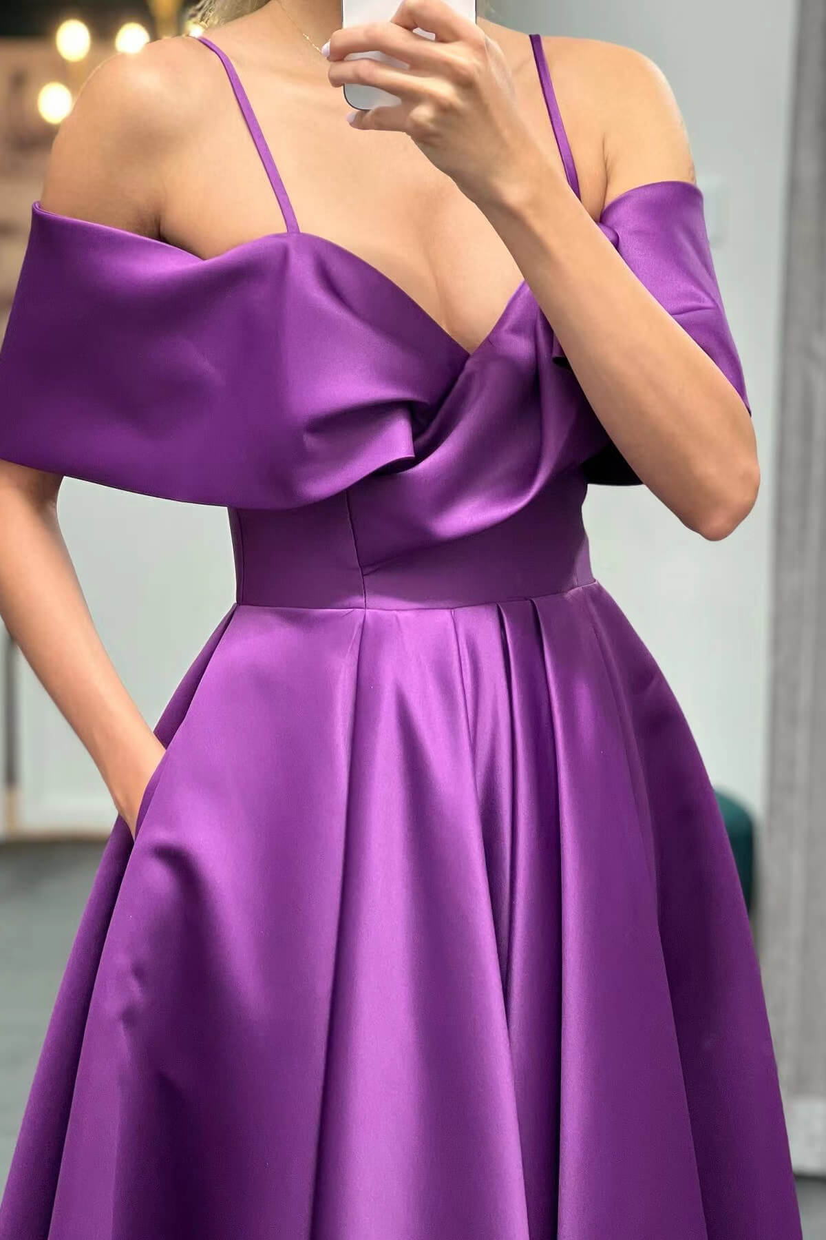 Elegant Purple Off-The-Shoulder Prom Dress A Line With Pockets-BallBride
