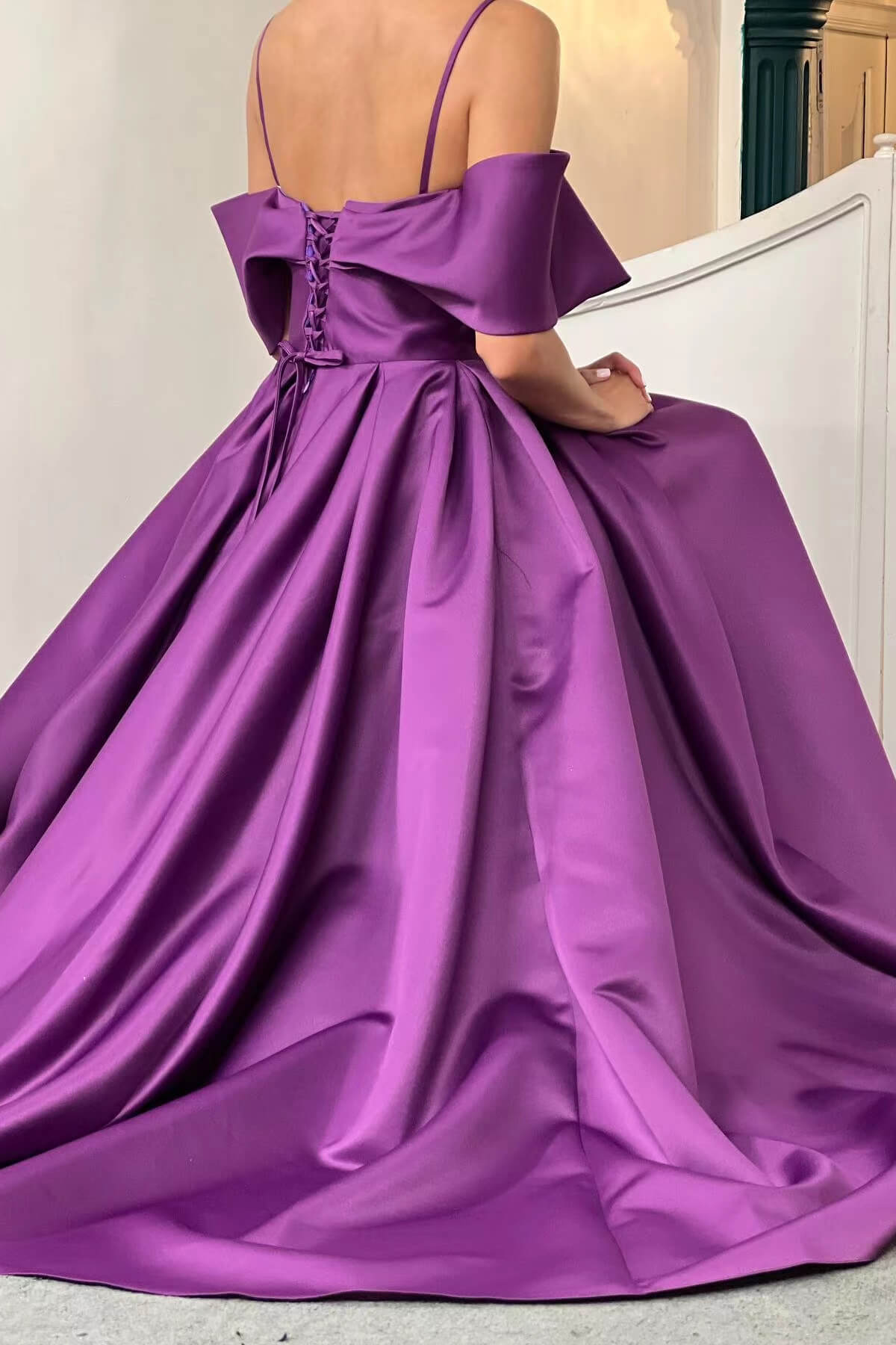 Elegant Purple Off-The-Shoulder Prom Dress A Line With Pockets-BallBride