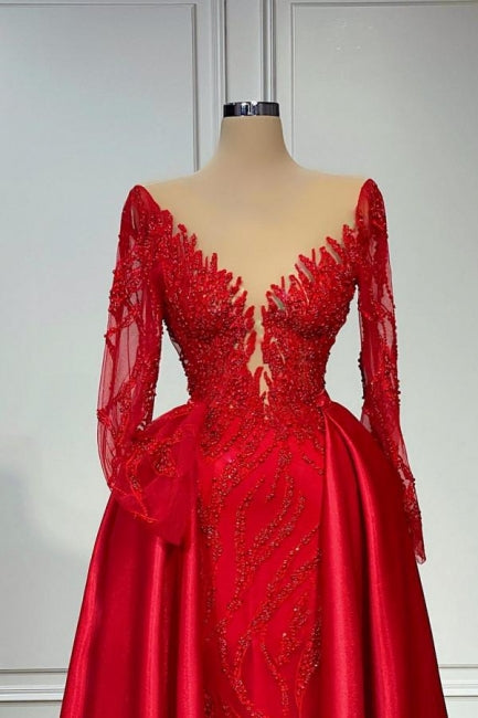 Elegant Red Long Sleeve Lace Pearls V-Neck Prom Dress with Overskirt-BallBride