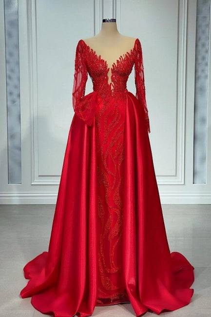 Elegant Red Long Sleeve Lace Pearls V-Neck Prom Dress with Overskirt-BallBride