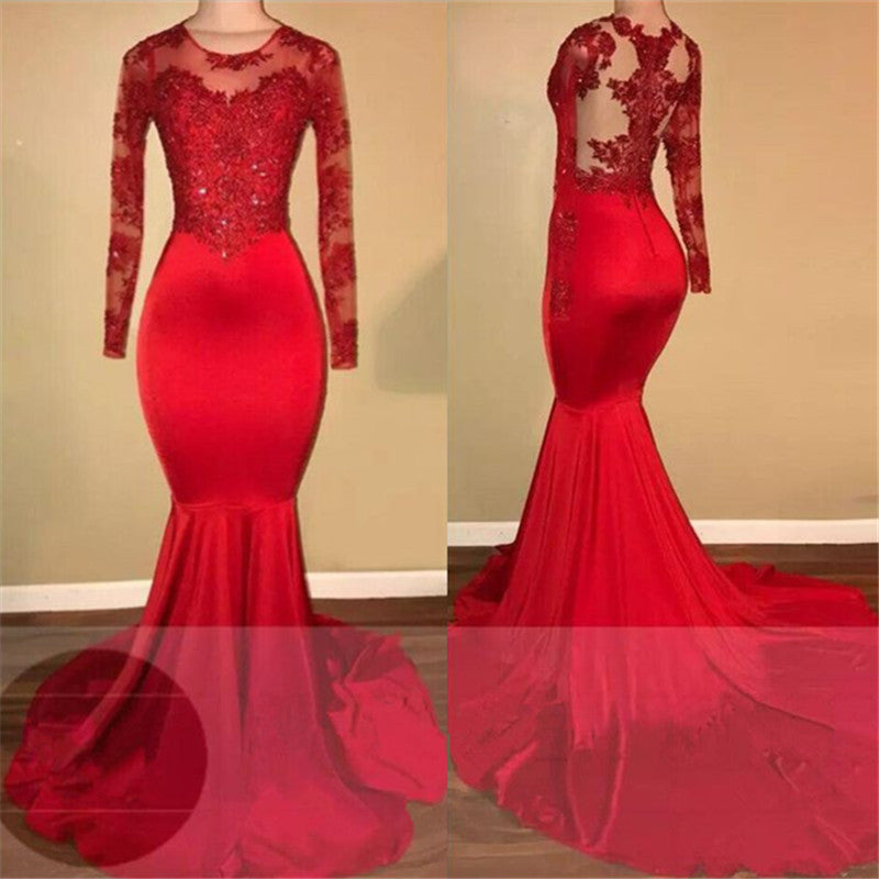Elegant Red Long Sleeves Appliques Mermaid Jewel Prom Dress-BallBride