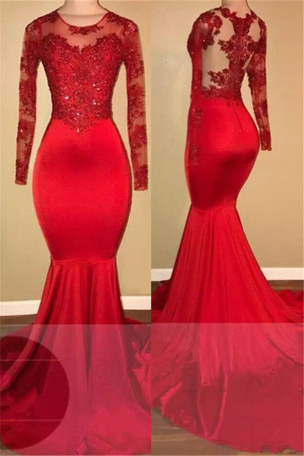 Elegant Red Long Sleeves Appliques Mermaid Jewel Prom Dress-BallBride